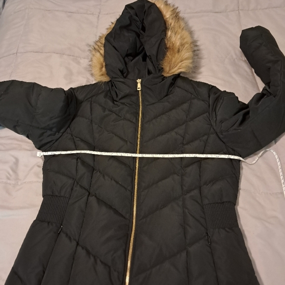Cole Haan signature Black Long Taffeta Down Coat chevron quilt pattern size M. - Picture 6 of 9